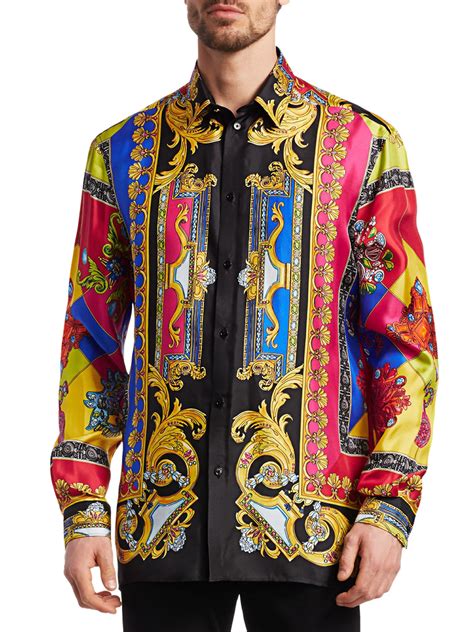 Versace silk shirt mens - This short-sleeved silk shirt features the Floral Silhouette print with a relaxed notched collar. Floral Silhouette print; Short sleeves; Notched collar; Front button closure; Outer composition: 100% Silk; Item: 1003926-1A08753_5B170 